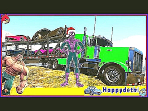 Человек паук на большом грузовике возит цветные машинки, мультики для детей 